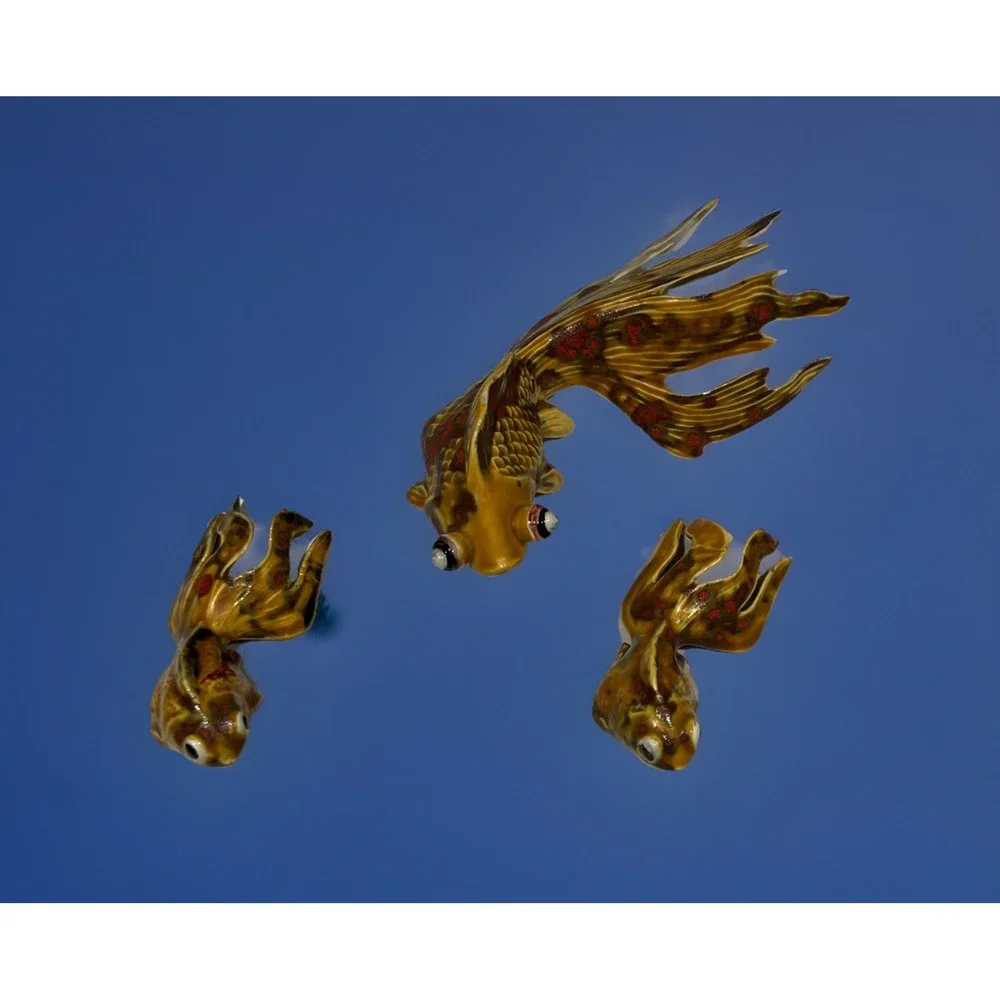 Set of 3 Koi Fish Ceramic Handcxrafted Gold Red Green Signed Irene Marosy